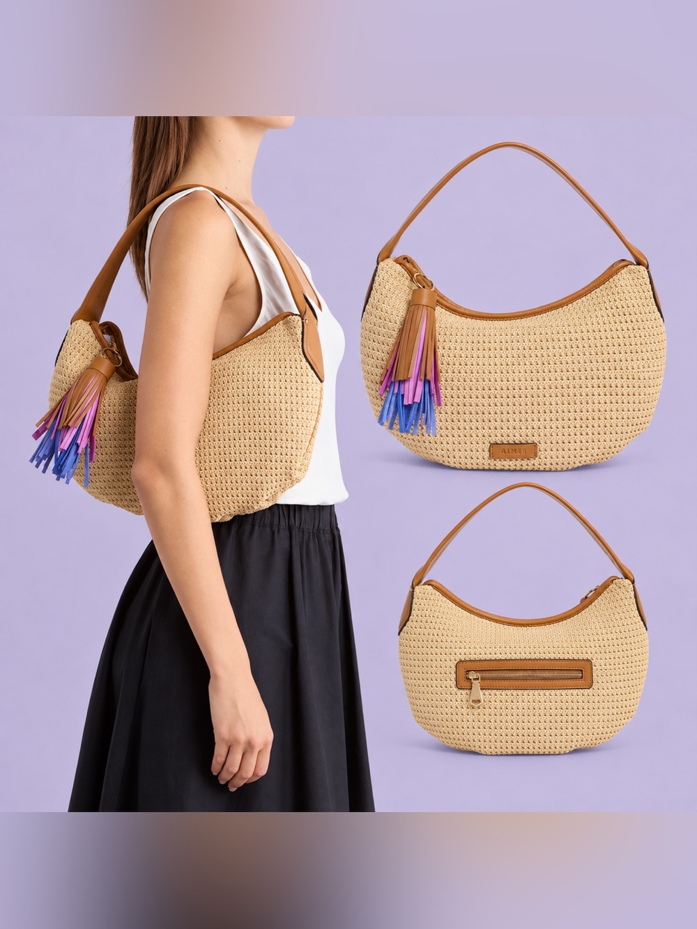 AIMEE Kestenberg Calypso Raffia Crochet Hobo Shoulder Bag NWT $238